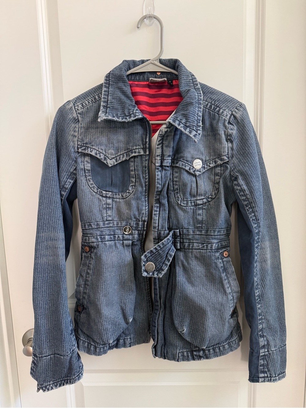 Volcom Women's Blue Denim Jacket with Pink-Red Striped Lining